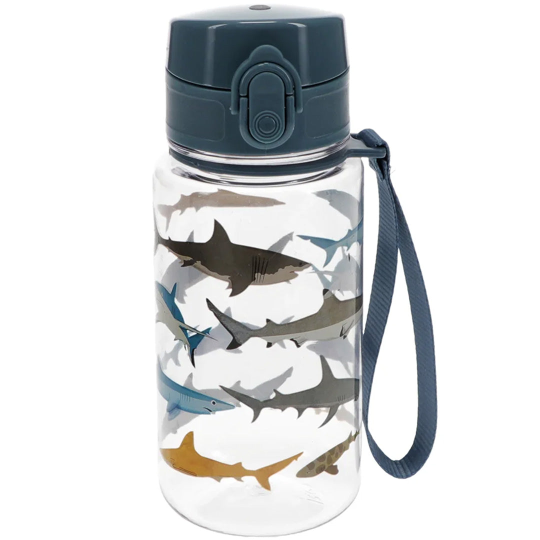 Rex London kinder drinkfles met haaienpatroon en blauwe dop.