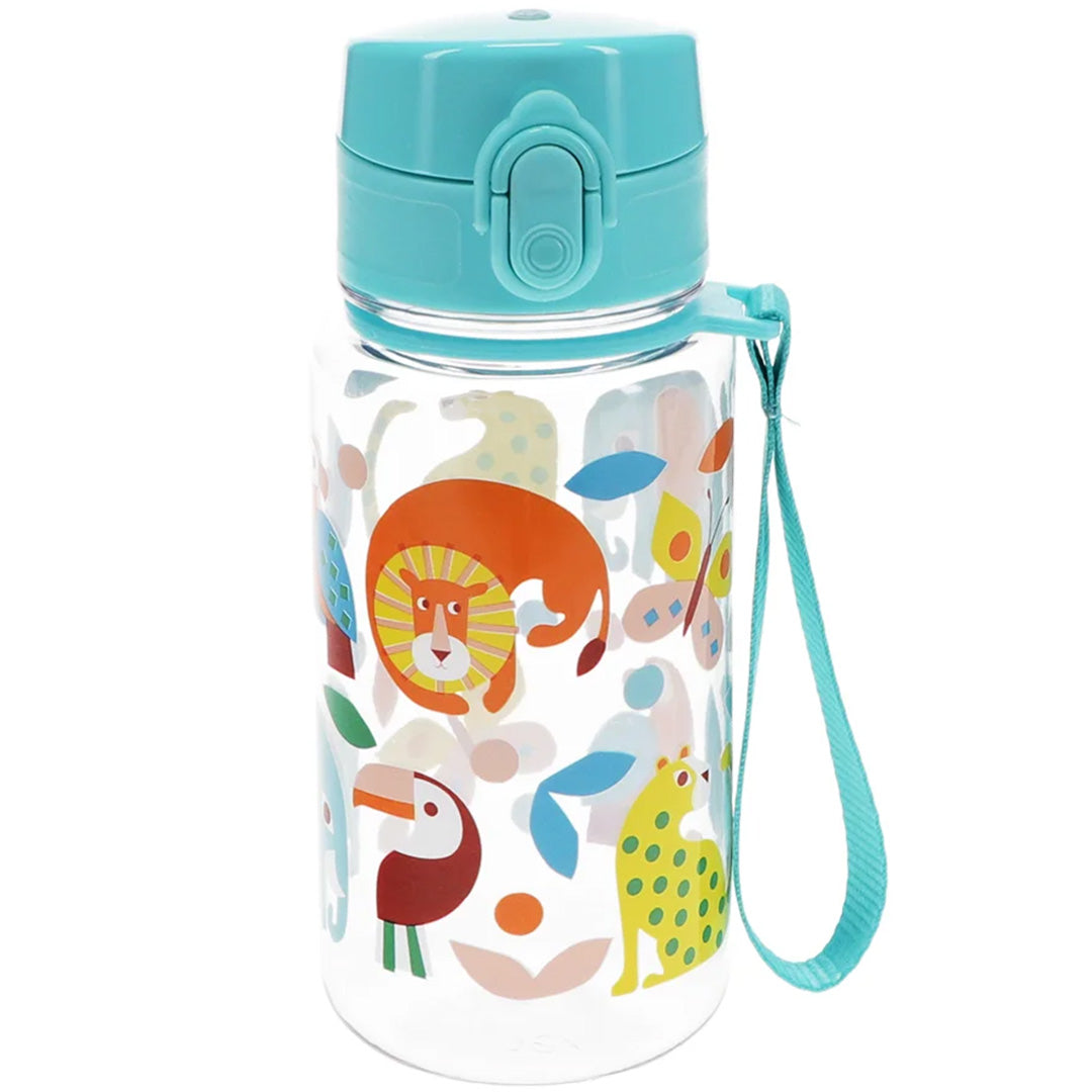 Rex London kinderdrinkfles met blauwe dop en kleurrijke dierenillustraties.
