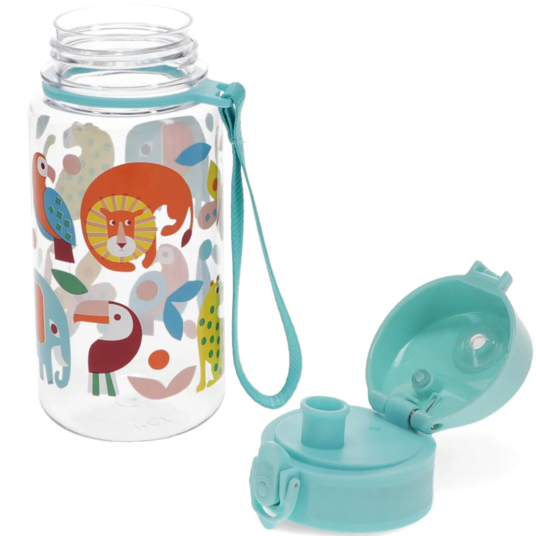 Kinderdrinkfles met dierenillustraties en de losse, opengeklapte blauwe dop.