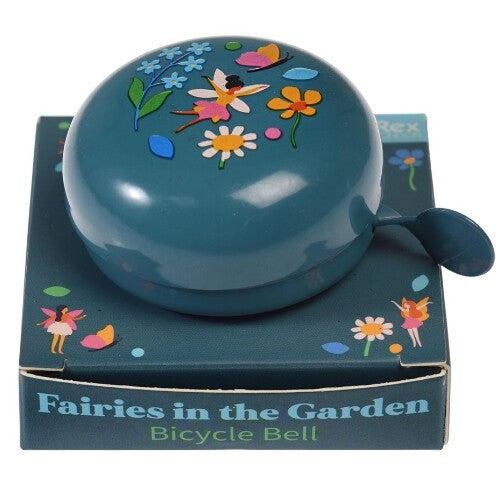 Rex London blauwe fietsbel met feeën- en bloemendecoratie op de productverpakking.