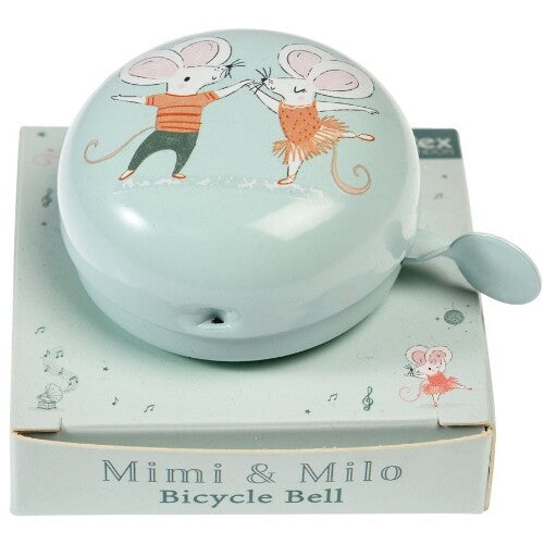 Rex London fietsbel met dansende muizen Mimi en Milo op de productverpakking.