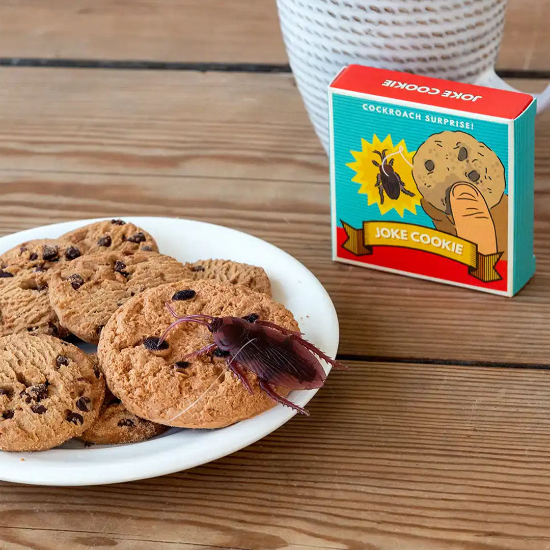 Rex London fopkoek met kakkerlak op een bord met koekjes, met de verpakking op een houten tafel.