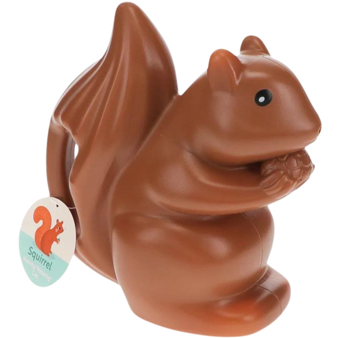 Rex London bruine plastic eekhoorn gieter voor peuters, met productlabel.