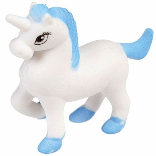 Zijaanzicht van het witte schuim eenhoorn speelgoedfiguurtje met blauwe accenten.