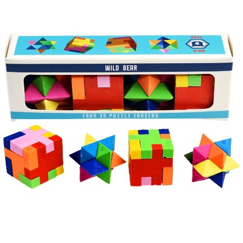 Rex London verpakking met vier veelkleurige 3D puzzel gummen, twee kubusvormig en twee stervormig, met 'WILD BEAR' op de doos.