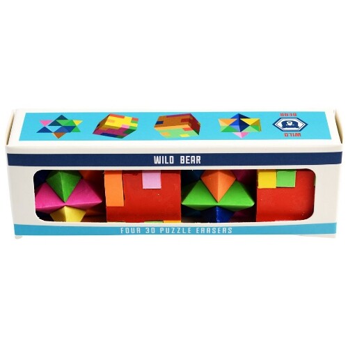 Vooraanzicht van de Rex London verpakking met vier veelkleurige 3D puzzel gummen, met 'WILD BEAR' op de doos.
