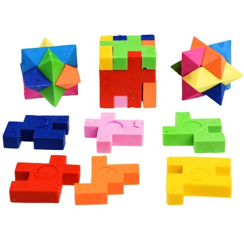Drie veelkleurige Rex London 3D puzzel gummen, twee stervormig en één kubusvormig, met zes losse puzzelstukken eronder.