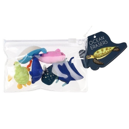 Rex London set van zes gummen in de vorm van zeedieren, verpakt in een doorzichtig zakje met een label.