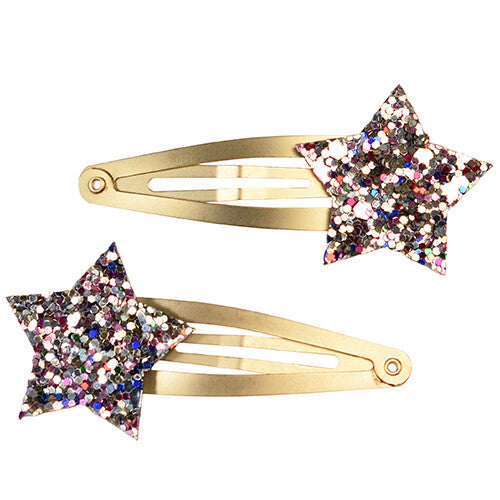 Twee Rex London haarspeldjes met goudkleurige clips en veelkleurige glittersterren.