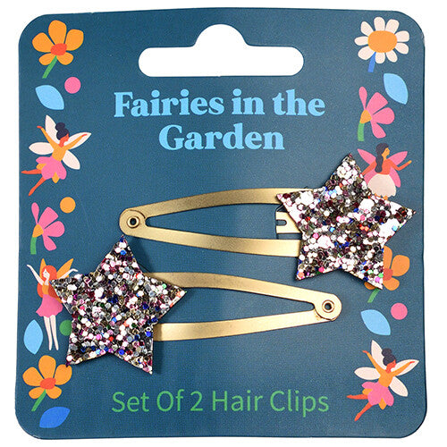 De Rex London verpakking van de twee haarspeldjes met glittersterren, met 'Fairies in the Garden' thema.
