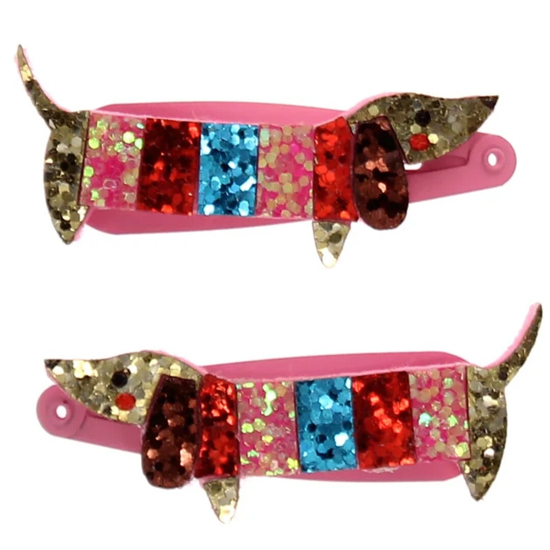 Twee Rex London glitter haarspeldjes in de vorm van een worsthond.