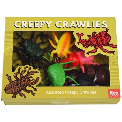 De voorkant van de Rex London verpakking met plastic insectenfiguurtjes, met de tekst 'Creepy Crawlies'.