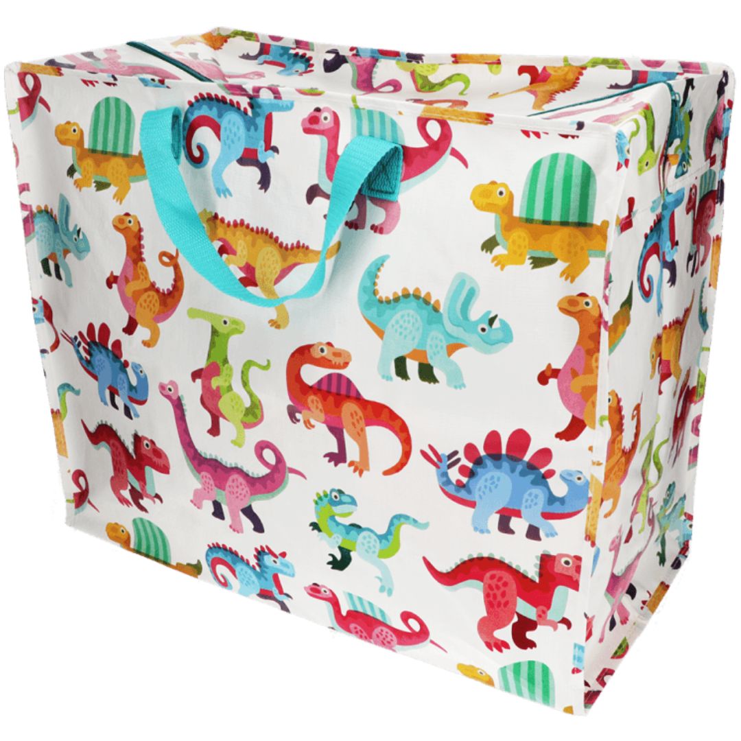 Rex London jumbo opbergtas met kleurrijke baby dinosaurussen en blauwe handvatten, schuin gefotografeerd.
