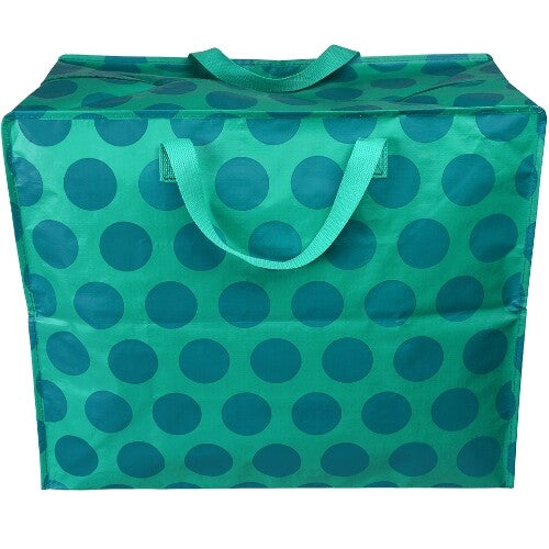Rex London jumbo opbergtas van plastic, groen met blauwe stippen, van voren gezien.