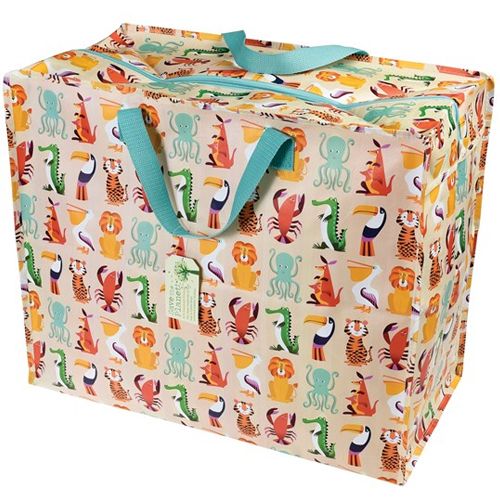Rex London jumbo opbergtas met kleurrijk dierenpatroon, schuin gefotografeerd.