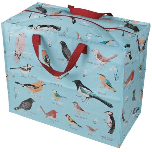 Rex London jumbo opbergtas met illustraties van diverse tuinvogels op een lichtblauwe achtergrond.