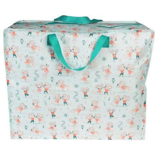 Vooraanzicht van de Rex London jumbo opbergtas met blauw patroon van dansende muizen.
