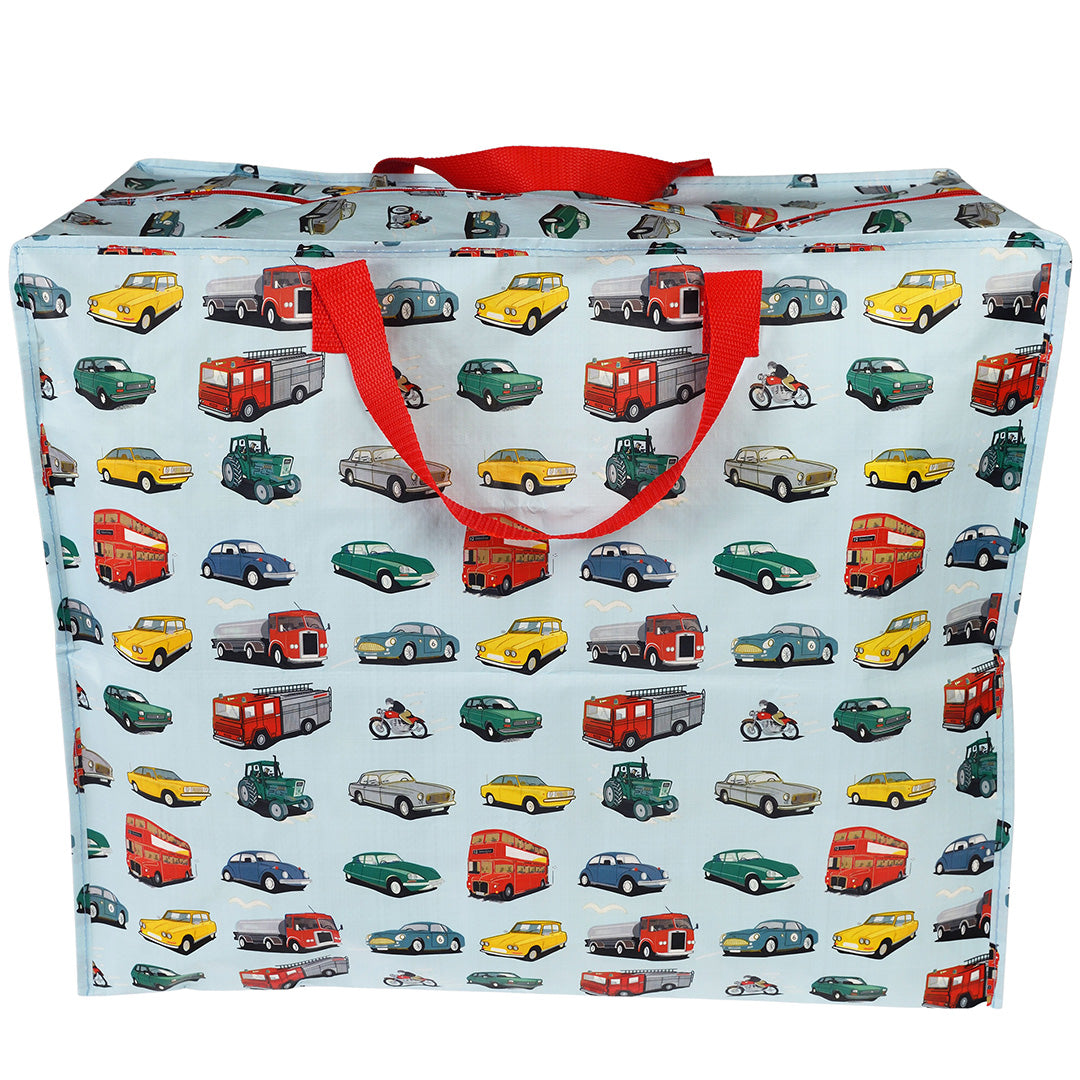 Rex London jumbo opbergtas van blauw plastic met een patroon van diverse voertuigen, van voren gezien.