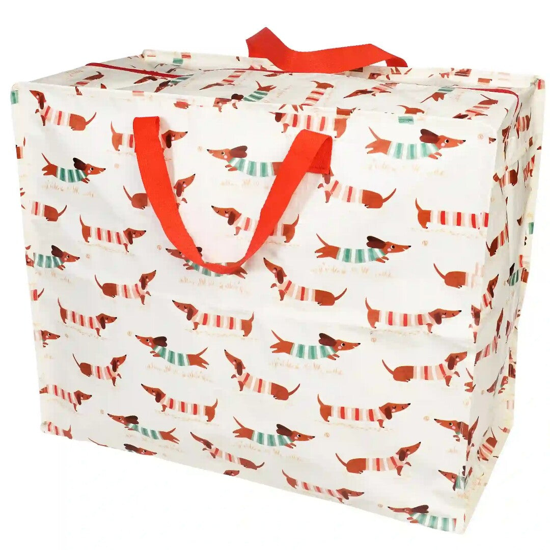 Rex London jumbo opbergtas met patroon van gestreepte worsthonden en rode handvatten, schuin gefotografeerd.