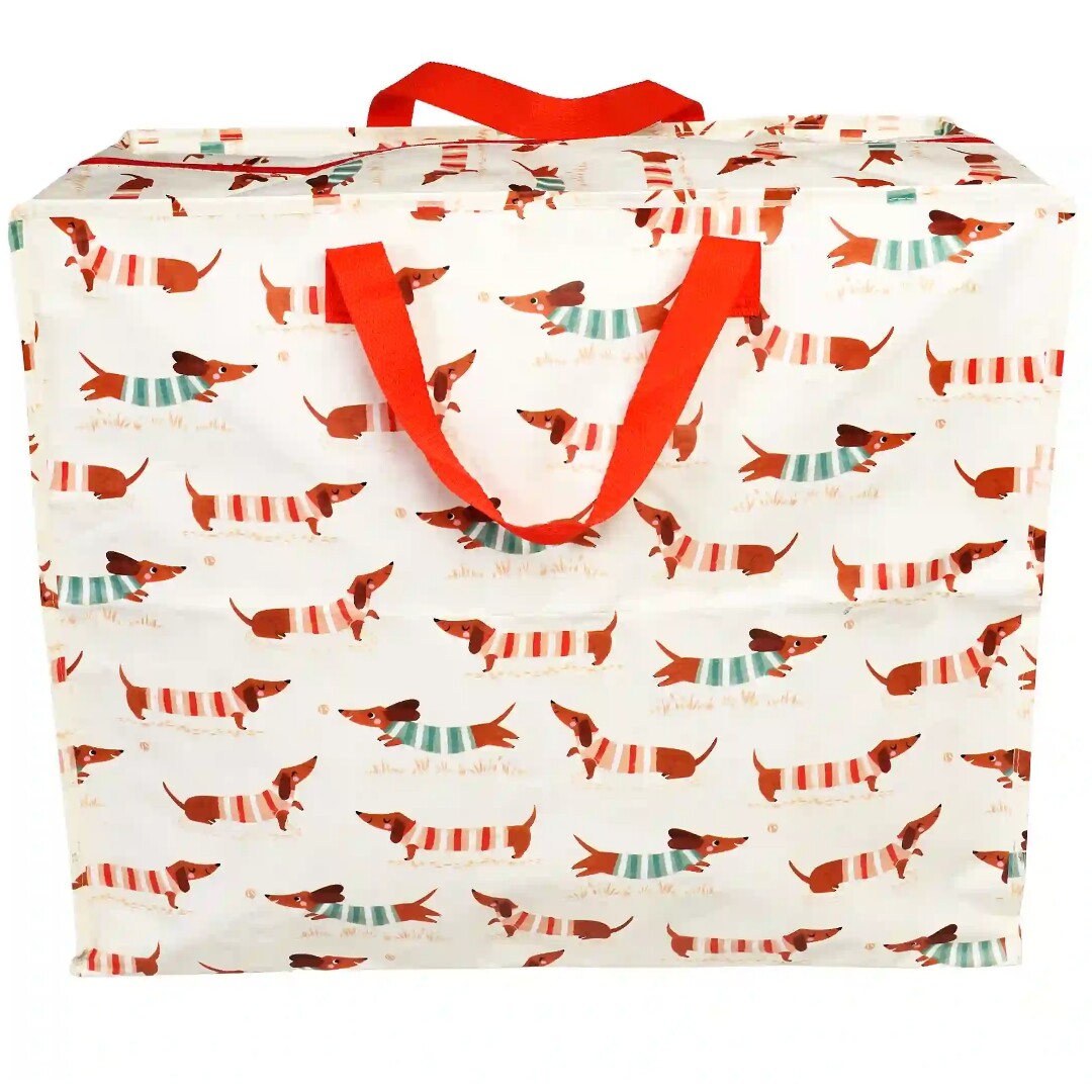 Rex London jumbo opbergtas met patroon van gestreepte worsthonden en rode handvatten, van voren gefotografeerd.