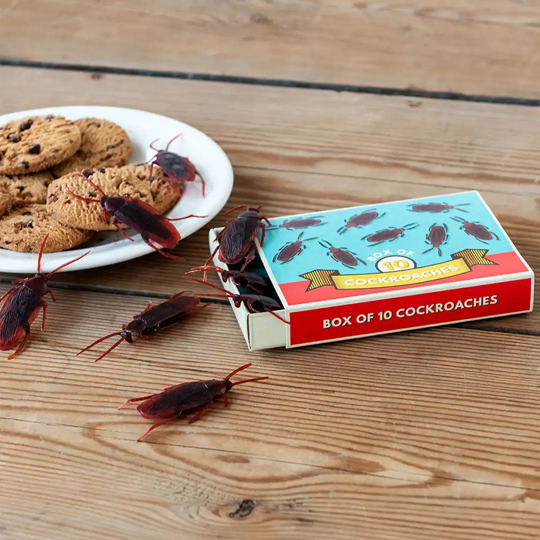 Rex London goochelaccessoire met neppe kakkerlakken verspreid over een houten tafel, naast een open doosje en een bord met koekjes.