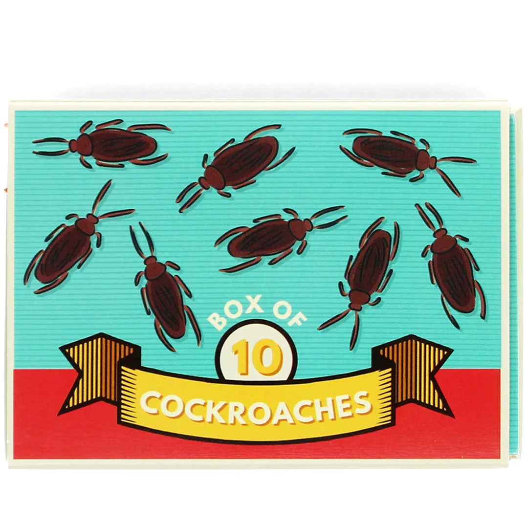 De gesloten verpakking van de Rex London goochelaccessoire met neppe kakkerlakken, een doosje met de tekst "Box of 10 Cockroaches".