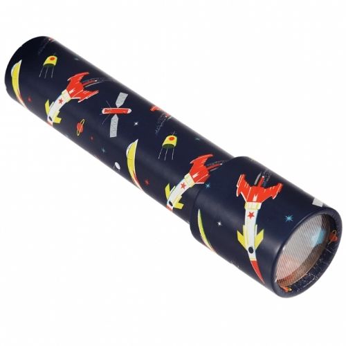 Rex London ruimtevaart kaleidoscoop met raketten en sterren op een donkerblauwe achtergrond.