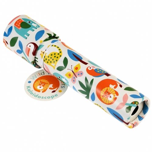 Rex London Wild Wonders caleidoscoop met kleurrijk patroon van dieren en bladeren, schuin gefotografeerd met een label.