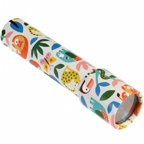 Rex London Wild Wonders caleidoscoop met kleurrijk patroon van dieren en bladeren, schuin gefotografeerd.