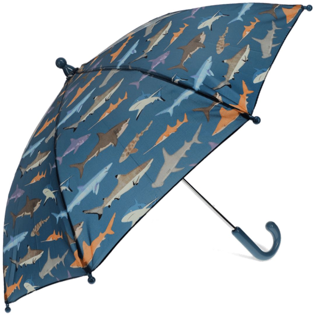 Rex London blauwe kinderparaplu met haaienpatroon, open.