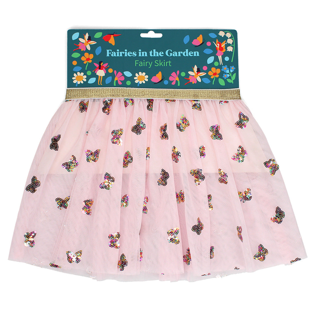 Rex London roze kinderrok met vlinderpailletten, gepresenteerd aan de verpakking van de Fairies in the Garden collectie.
