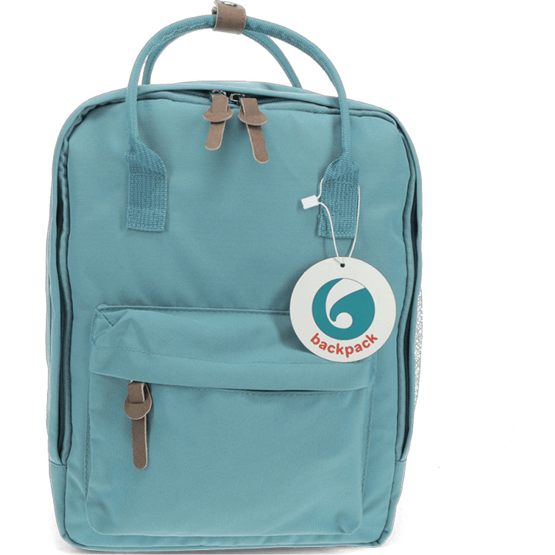 Rex London blauwe kinderrugzak, vooraanzicht met productlabel.