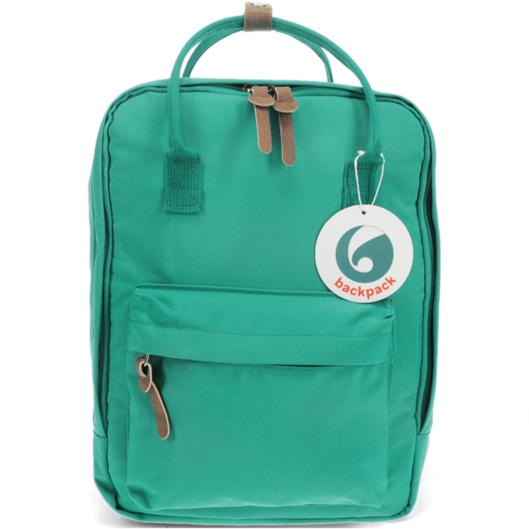 Rex London groene kinderrugzak compact, vooraanzicht met productlabel.
