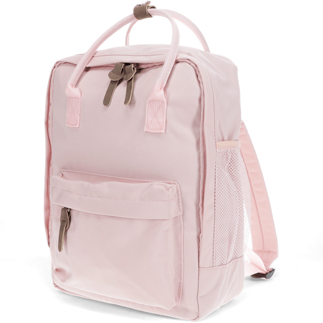 Roze Rex London kinderrugzak compact, schuin van voren gezien met zijvak.