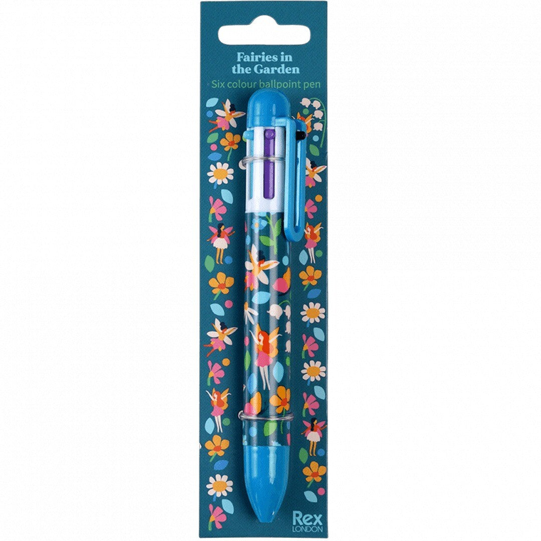 Verpakking van de Rex London 6-in-1 kleurenpen met een patroon van bloemen en elfjes.