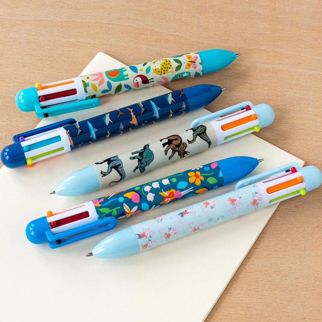 Vijf Rex London 6-in-1 kleurenpennen met diverse patronen, waaronder dinosaurus en giraffe.