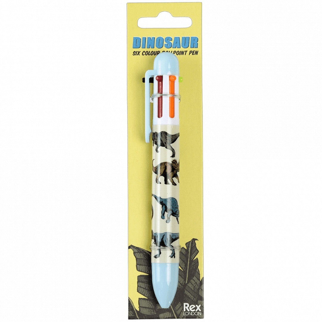 Verpakking van de Rex London 6-in-1 kleurenpen met dinosauruspatroon.