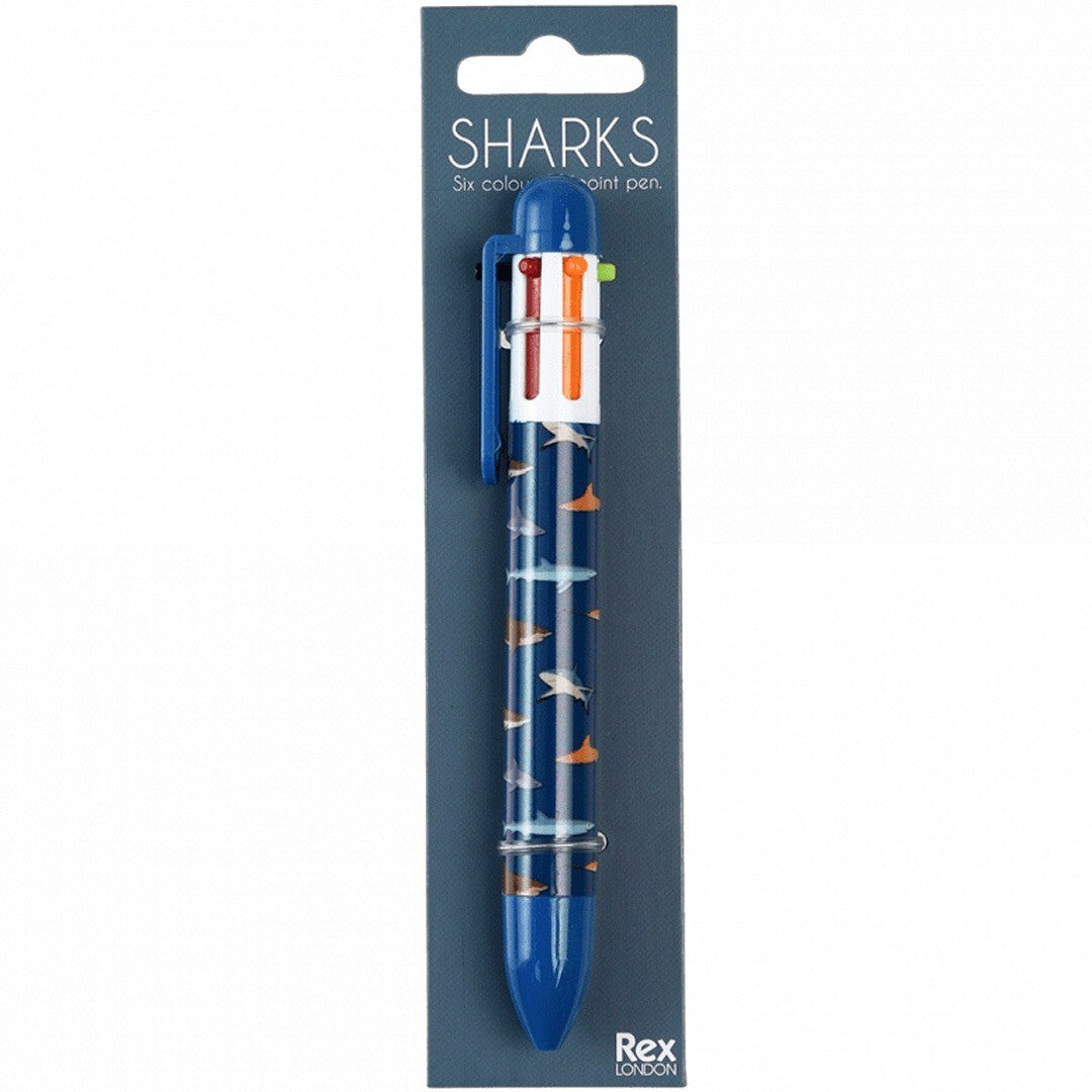 De Rex London 6-in-1 kleurenpen met haaienpatroon in de retailverpakking.