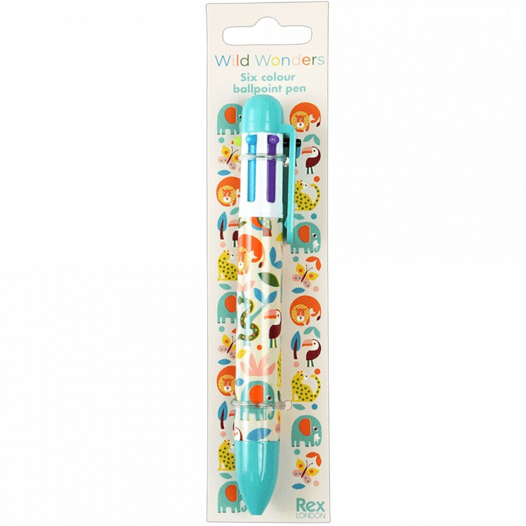 Verpakking van de Rex London 6-in-1 kleurenpen met Wild Wonders dierenpatroon.