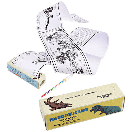 Rex London Prehistoric Land kleurplaten en spelletjes op rol met dinosaurus thema, de uitgerolde papierrol, de verpakking en een veelkleurig potlood.