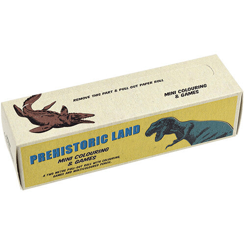 De gesloten verpakking van de Rex London Prehistoric Land kleurplaten en spelletjes op rol met dinosaurusafbeeldingen.
