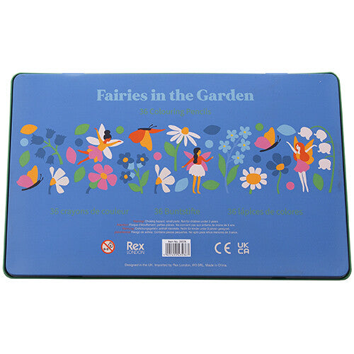 Achterkant van de Rex London blikken doos met productinformatie en de titel "Fairies in the Garden".
