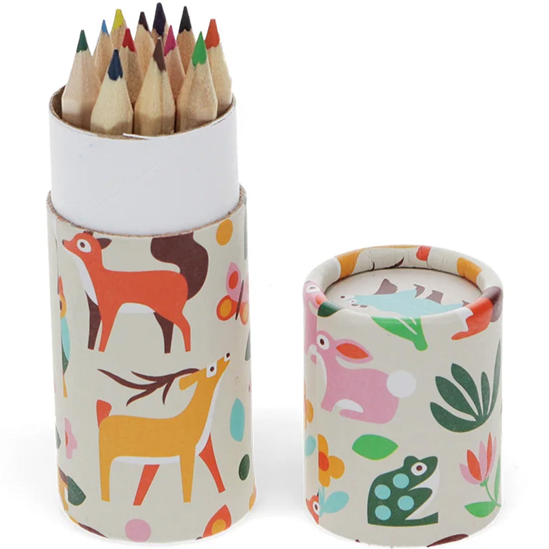Rex London kleurpotloden in een open koker met woodland dierenpatroon en de deksel ernaast.