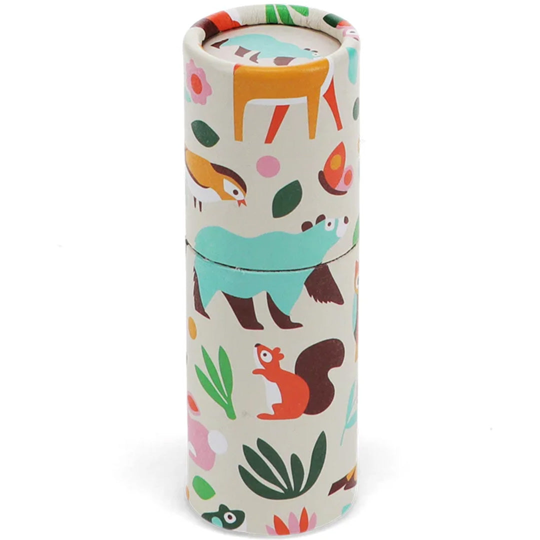 Gesloten koker van Rex London kleurpotloden met een woodland dierenpatroon.