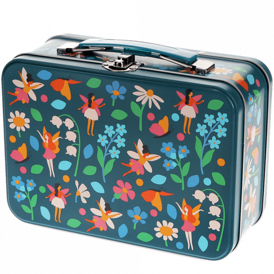 Rex London blauw metalen kinderkoffertje met een patroon van feeën, bloemen en vlinders.