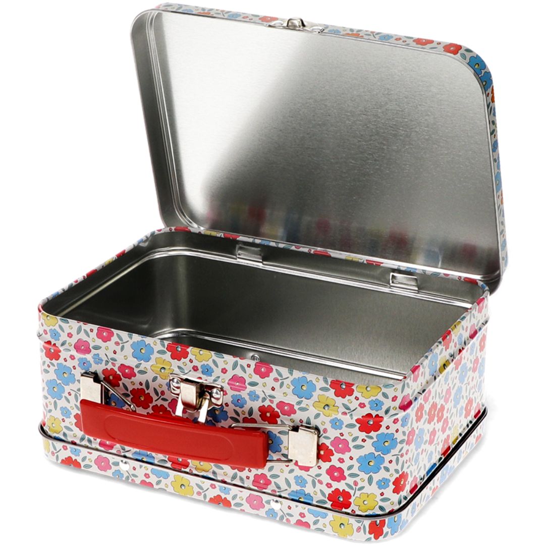 Open Rex London metalen kinderkoffer met gebloemd patroon en rode handgreep.
