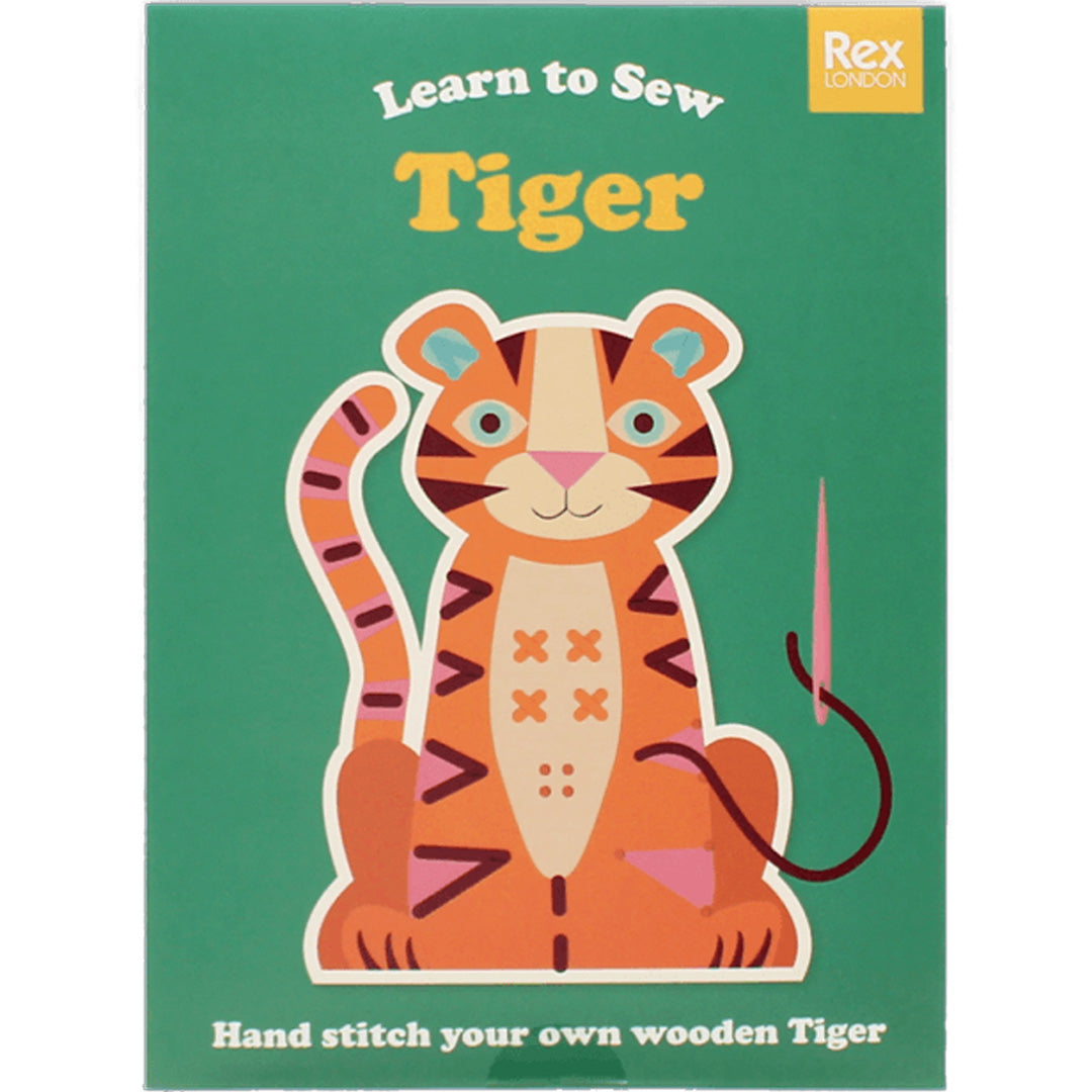 Rex London hobbyset verpakking met een illustratie van een tijger en de tekst 'Learn to Sew Tiger'.