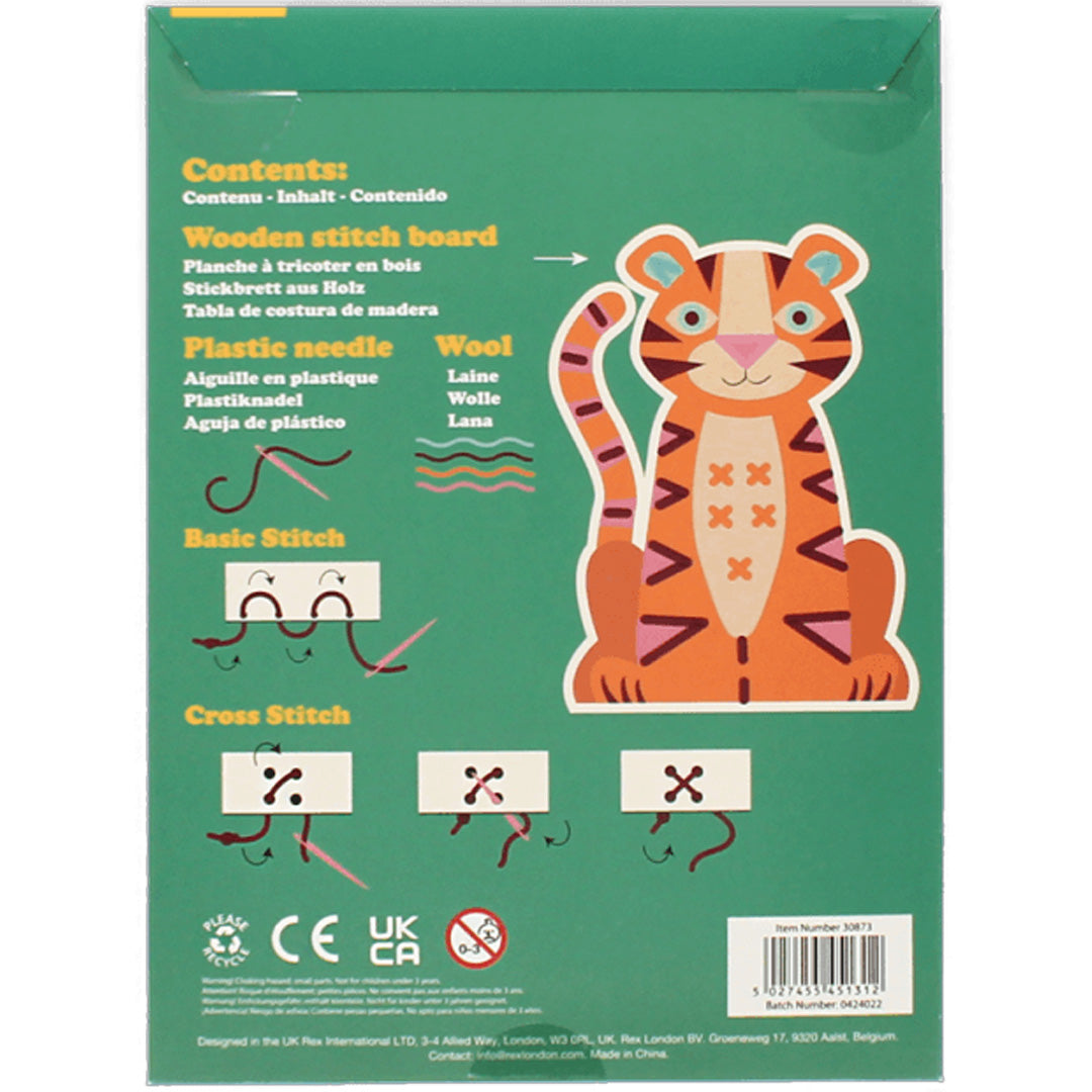 De achterkant van de Rex London hobbyset verpakking met inhoudsopgave en instructies voor steken.