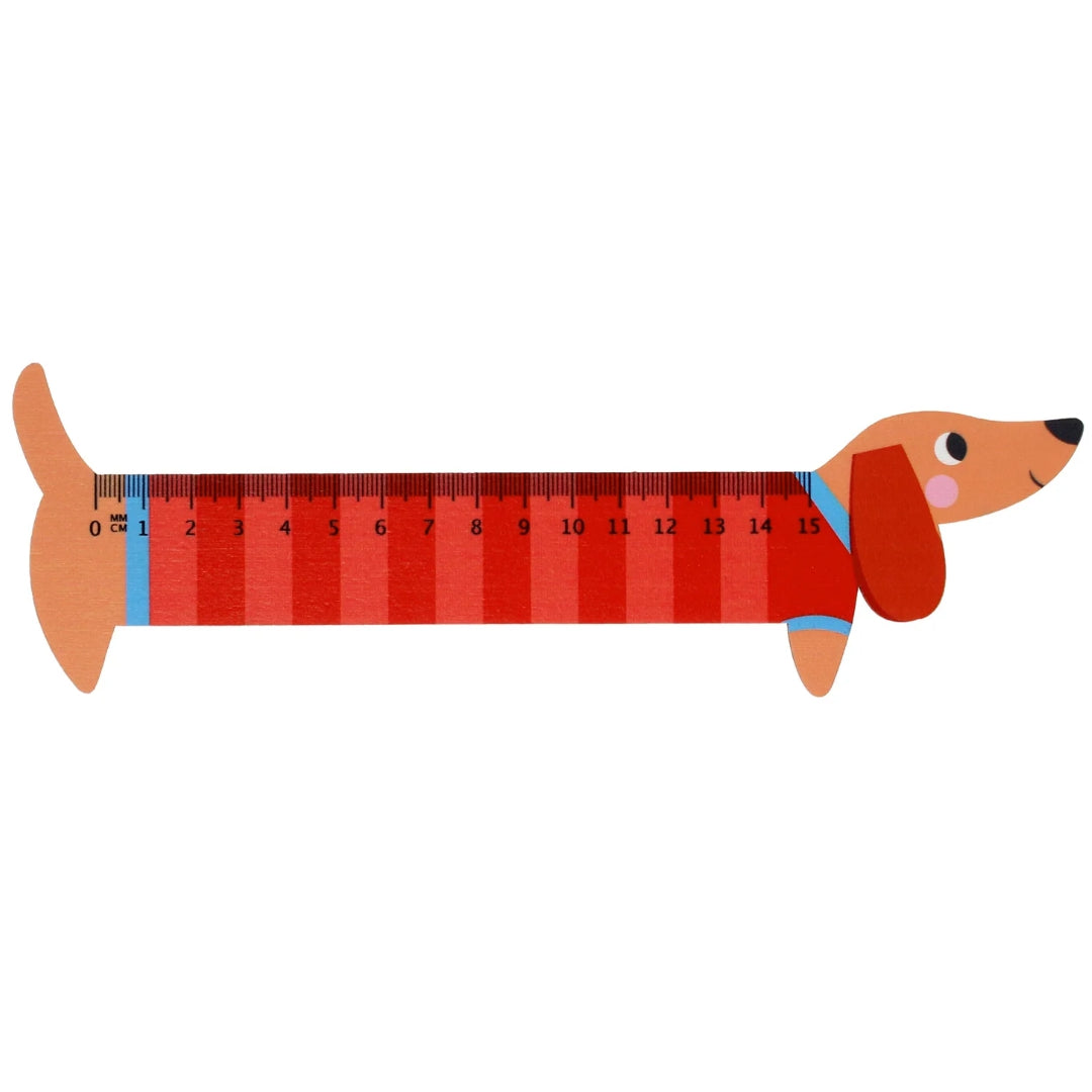 Rex London houten liniaal in de vorm van een teckel met rood gestreept lijf, van 0 tot 15 cm.