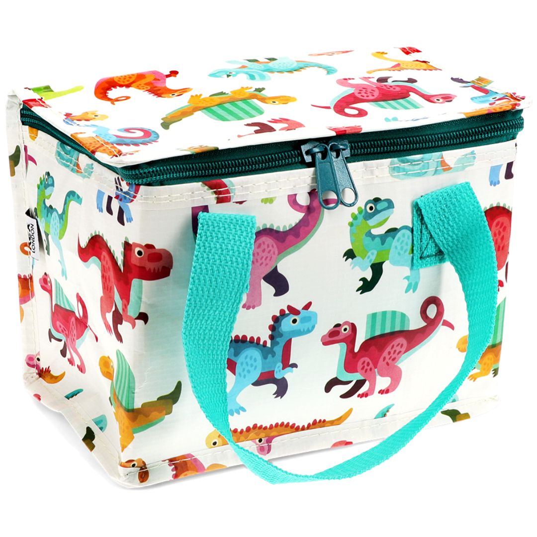 Rex London kinderlunchtas met kleurrijk dinosauruspatroon en turquoise rits en handvat.